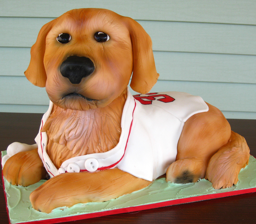 Frosting the Dog Sculpted Cake with Red Sox Jersey